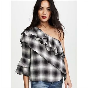 Alice + Olivia hilaria one shoulder ruffle plaid blouse size small